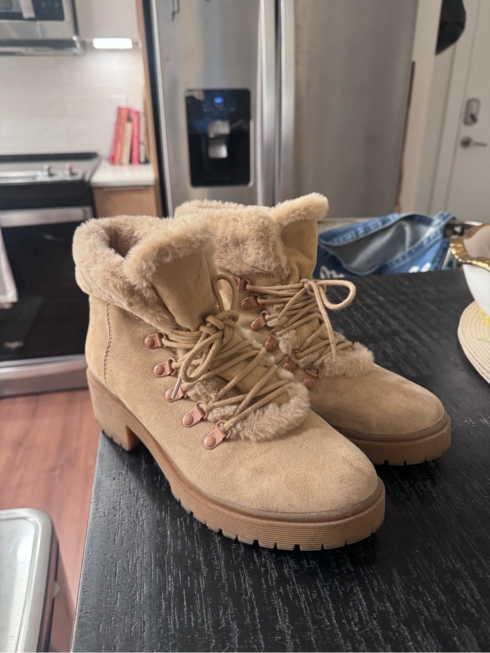 Target Women's Lace-Up Faux-Suede Ankle Boots with Faux-Fur Trim in Tan